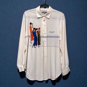 Vintage Defense d'Afficher Paris Cream Button Down Blouse Art Deco Print France